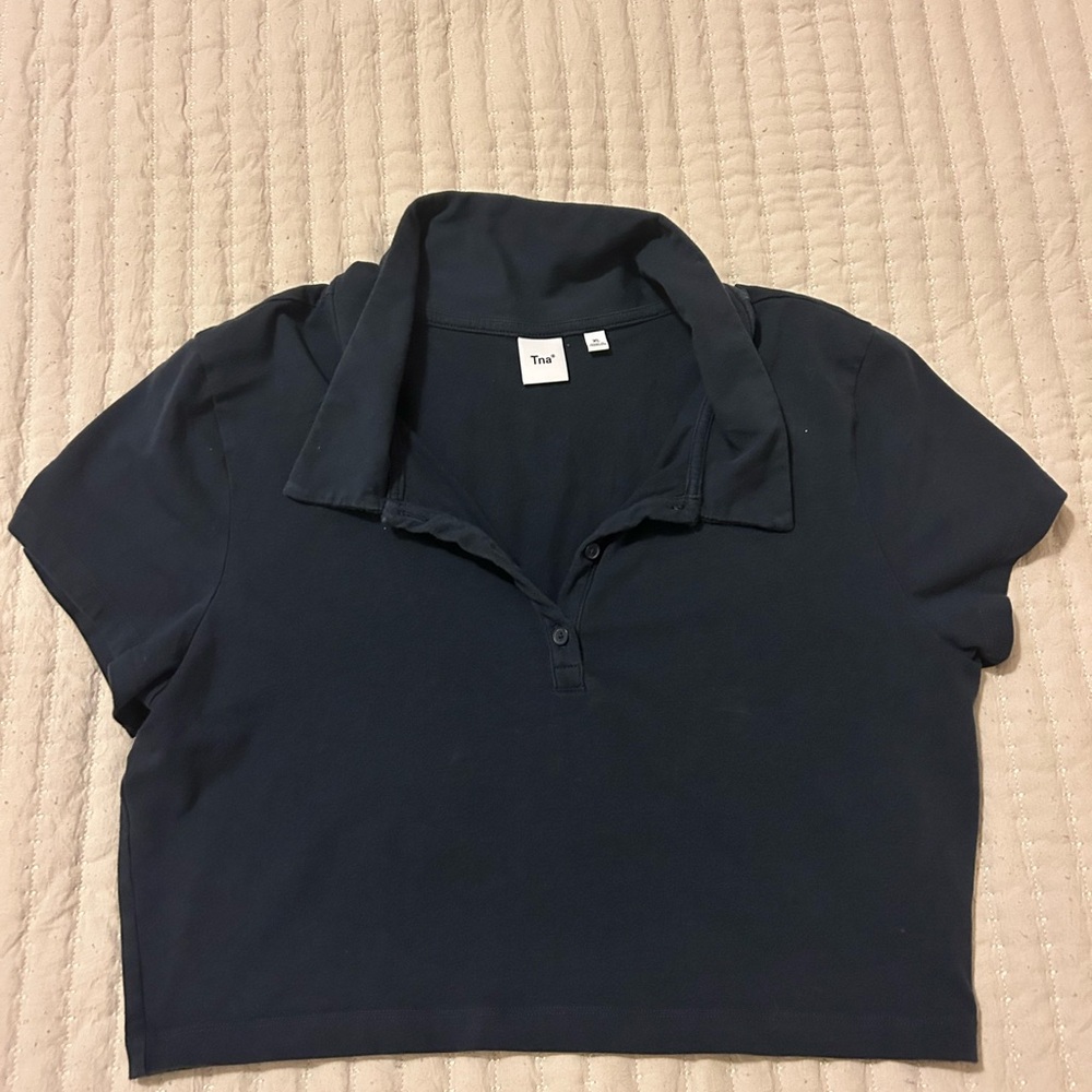 TNA Women's Navy Crop Polo Top